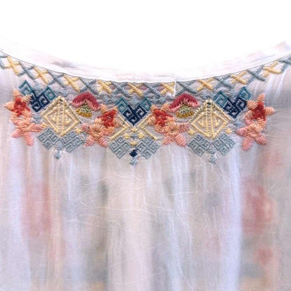 JOHNNY‎ WAS White Floral Embroidered 3/4 Sleeve Tunic Top Women's Size S - Picture 5 of 7